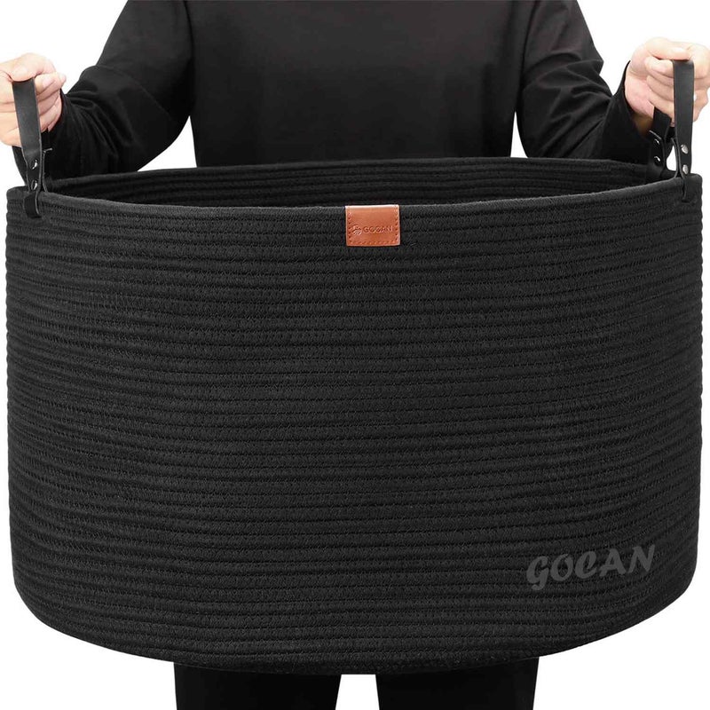 GOCAN Extra Large Storage Laundry Basket 22 X 22X 14 Cotton Rope Woven for Blanket Basket with Handles for Living Room Toys Storage XXXL Pure Blk