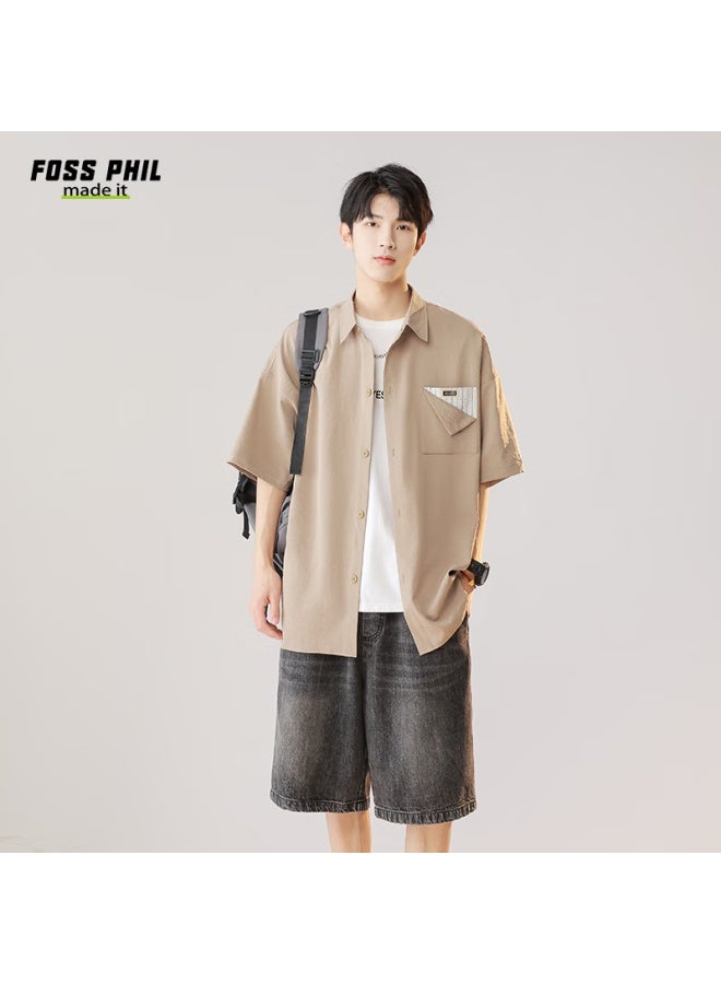 Foss Phil Men's Short-sleeve Shirt, Summer Lightweight Workwear, Casual Trendy Loose Fit, Five-point Sleeve Men's Shirt, Fpcs7, Light Coffee, Size L - Image 3