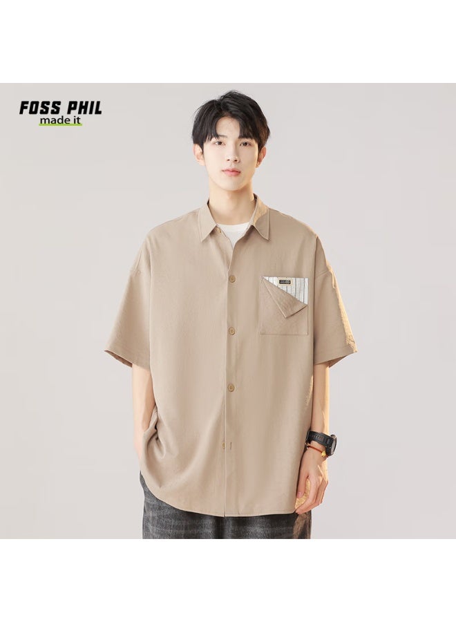 Foss Phil Men's Short-sleeve Shirt, Summer Lightweight Workwear, Casual Trendy Loose Fit, Five-point Sleeve Men's Shirt, Fpcs7, Light Coffee, Size L - Image 5