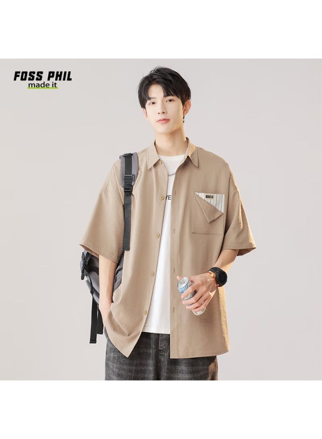 Foss Phil Men's Short-sleeve Shirt, Summer Lightweight Workwear, Casual Trendy Loose Fit, Five-point Sleeve Men's Shirt, Fpcs7, Light Coffee, Size L - Image 1