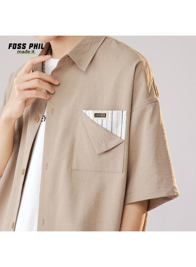 Foss Phil Men's Short-sleeve Shirt, Summer Lightweight Workwear, Casual Trendy Loose Fit, Five-point Sleeve Men's Shirt, Fpcs7, Light Coffee, Size L - Image 4