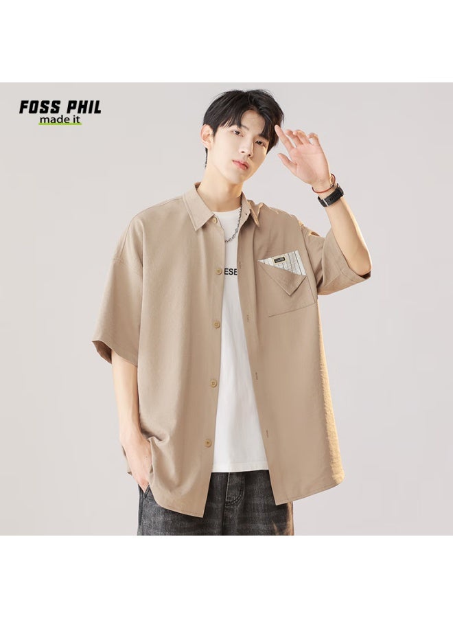 Foss Phil Men's Short-sleeve Shirt, Summer Lightweight Workwear, Casual Trendy Loose Fit, Five-point Sleeve Men's Shirt, Fpcs7, Light Coffee, Size L - Image 2