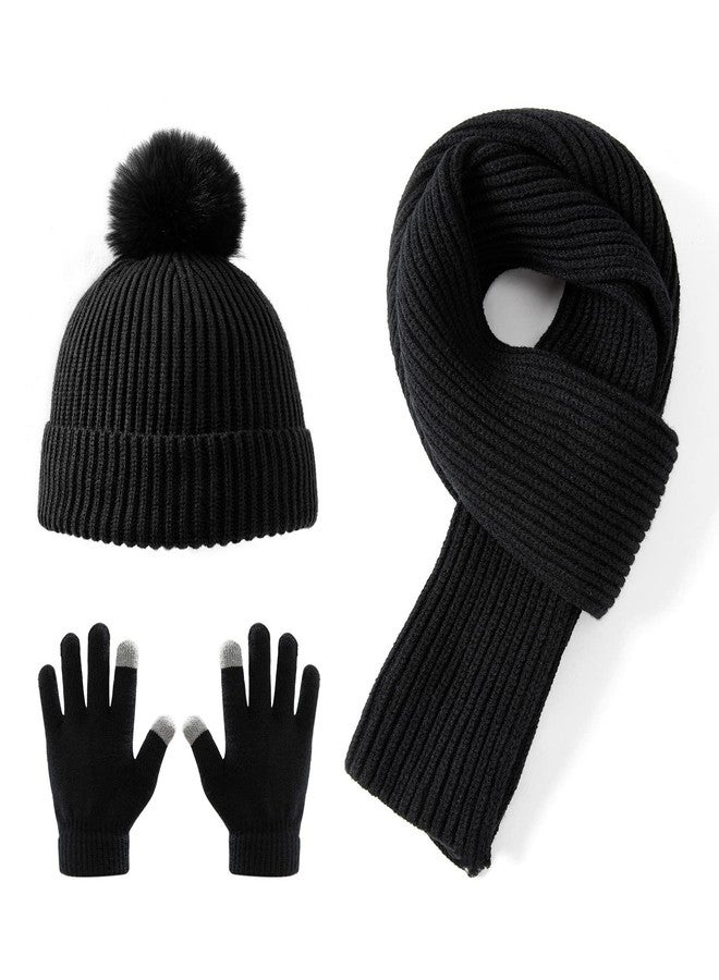 Lallier 3Pcs Kids Hat Scarf and Snow Gloves Set, Winter Knit Warm Soft Pom-Pom Beanie Outdoor for Boys Girls and Toddlers (Black) - Image 1
