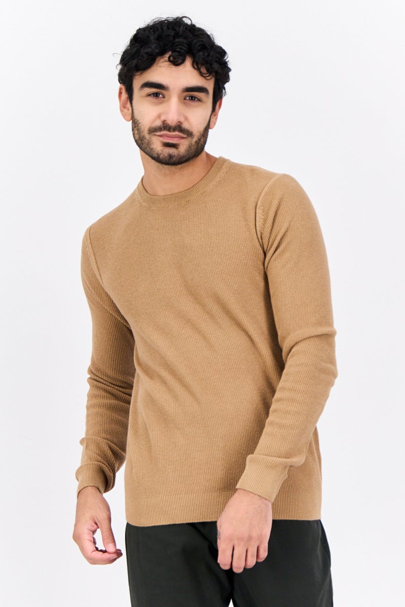 Sorbino Men Crew Neck Knitted Long Sleeves Sweater, Tan  - Image 1