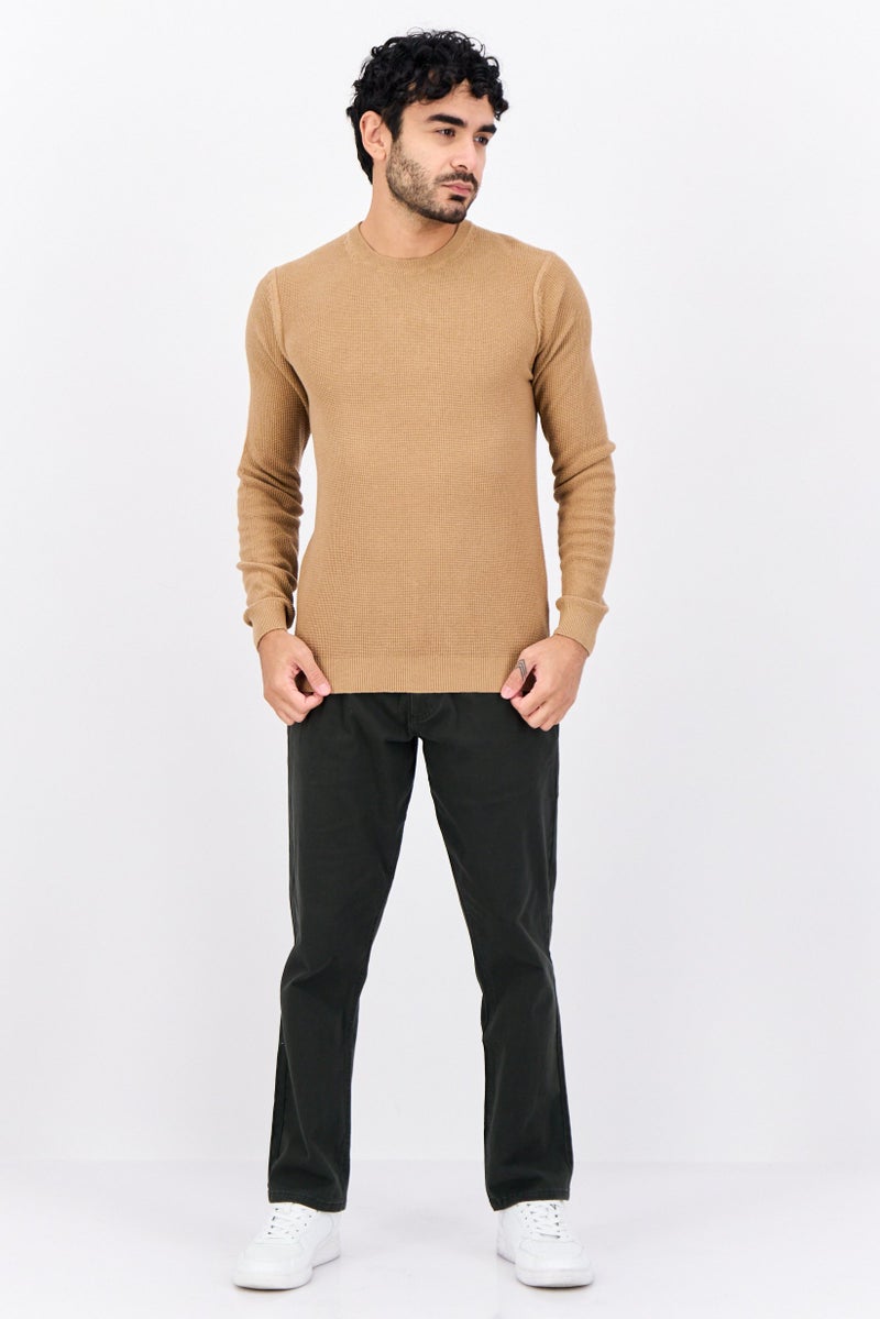 Sorbino Men Crew Neck Knitted Long Sleeves Sweater, Tan - Image 4