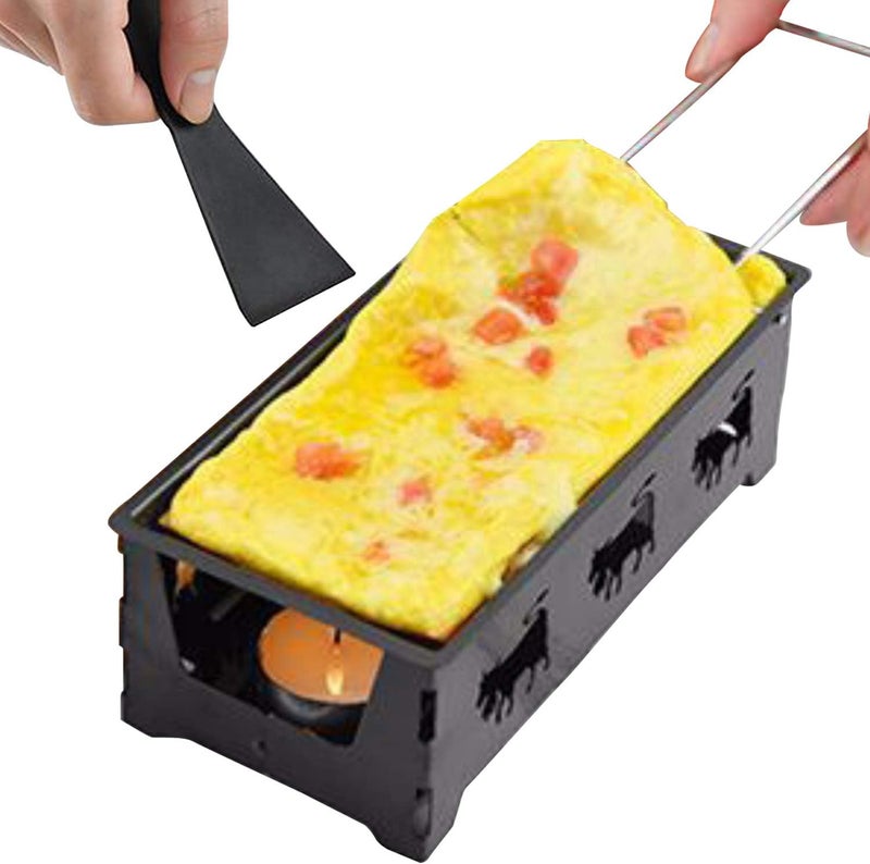 HEEPDD Mini Raclette Grill Set, Non Stick Cheese Melter Pan with Spatula, Foldable Wooden Handle, Carbon Steel Kitchen Gadgets for Home Restaurant, with Candle Warmer (Black) - Image 2