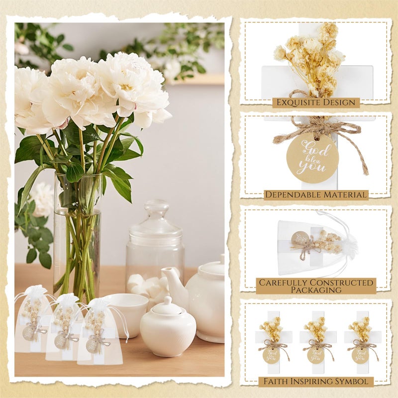 Flutesan 12 Sets Baptism Favors for Guests First Communion Wooden Cross Fridge Magnets with Flower and Bag, Christian Souvenirs Gift for Party Decoration, Baby Shower, Kitchen Decor (Classic,White) - Image 3