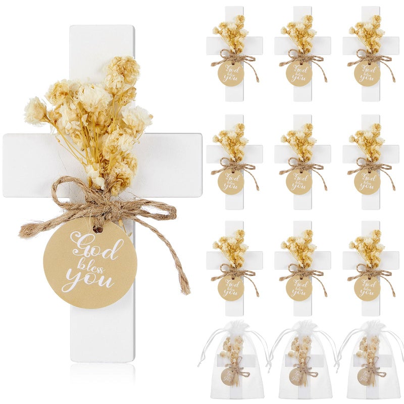 Flutesan 12 Sets Baptism Favors for Guests First Communion Wooden Cross Fridge Magnets with Flower and Bag, Christian Souvenirs Gift for Party Decoration, Baby Shower, Kitchen Decor (Classic,White) - Image 1