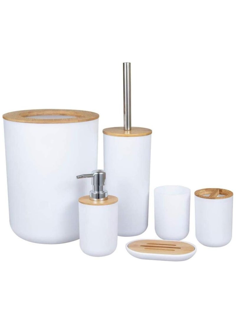 Laipi Bamboo Wooden Bathroom Accessories Set, 6 cs Gift Set Toilet Brush, Soap Dispenser, Waste Bin, Toothbrush Holder, Soap Dish Cup Set  - Image 1