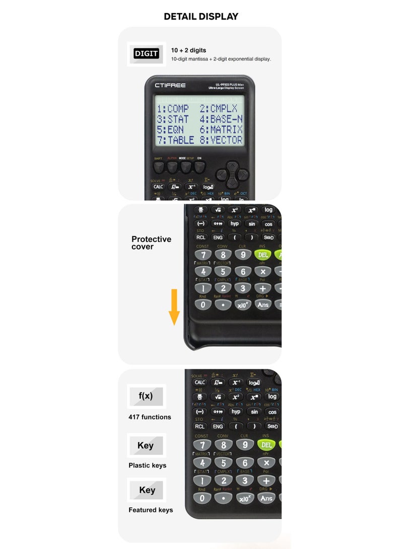 CTIFREE Scientific Calculator with 417 Functions, 10+2 Display, Durable ABS Material, Natural Textbook Display for Students & Professionals - Image 5