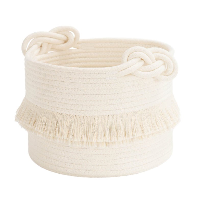 CherryNow Small Woven Storage Baskets, 9.5'' x 7'' inches Cotton Rope Decorative Hamper for Diaper, Blankets, Magazine and Keys, Cute Tassel Nursery Decor - Home Storage Container, Off-white - Image 1