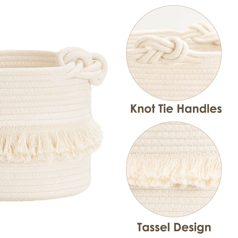 CherryNow Small Woven Storage Baskets, 9.5'' x 7'' inches Cotton Rope Decorative Hamper for Diaper, Blankets, Magazine and Keys, Cute Tassel Nursery Decor - Home Storage Container, Off-white - Image 5