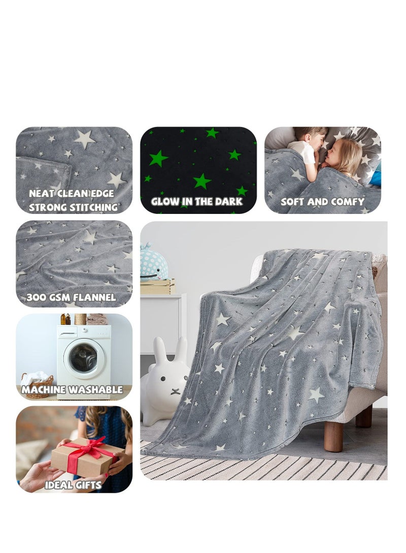 Glow in The Dark Blanket, 50" x 60" Throw Blankets Super Cozy Plush Soft Fleece Blanket for Girls Boys Birthday Gifts, Plush Star Pattern Bedroom, for Kids, Light Grey - Image 4