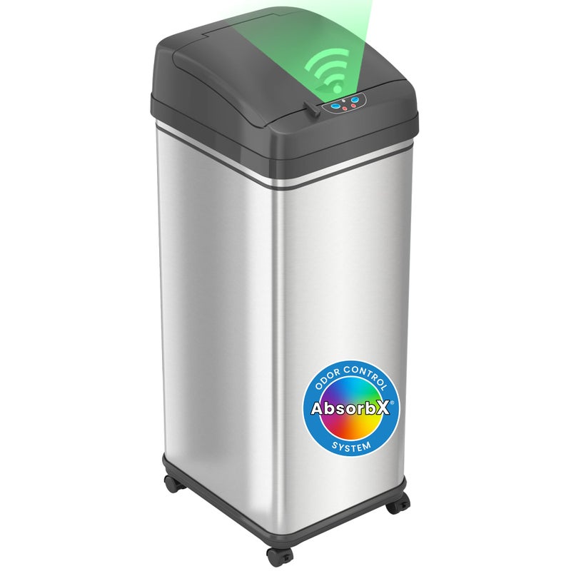 iTouchless Rolling 13 Gallon Sensor Kitchen Trash Can with Lid and Wheels, Odor Filter, Stainless Steel, Automatic Kitchen Trashcan Garbage Bin for Home Office Bedroom Living Room Garage Wastebasket - Image 1