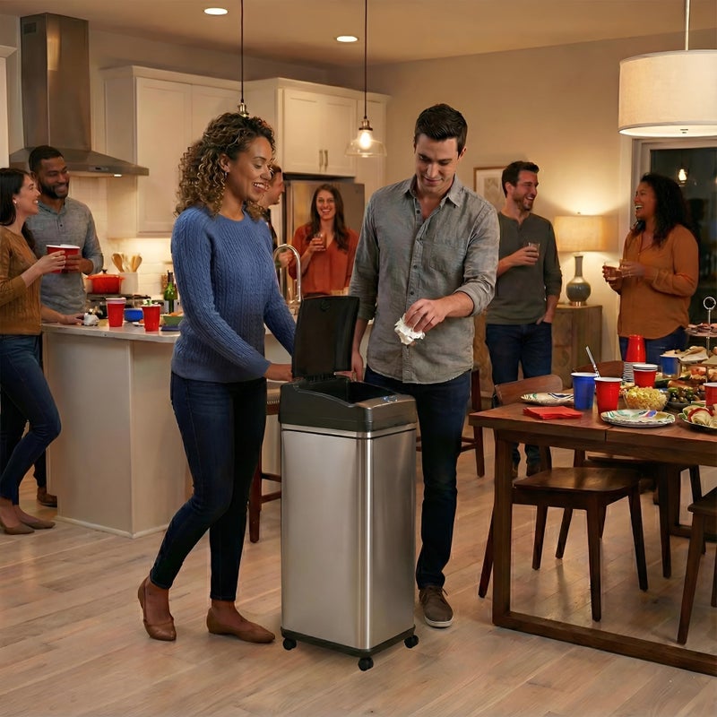 iTouchless Rolling 13 Gallon Sensor Kitchen Trash Can with Lid and Wheels, Odor Filter, Stainless Steel, Automatic Kitchen Trashcan Garbage Bin for Home Office Bedroom Living Room Garage Wastebasket - Image 2