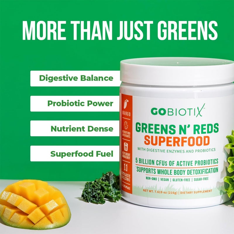 GOBIOTIX Super Greens and Reds Powder  Red and Green Superfood  Probiotic Supplement  Digestive Enzymes and Beet Root Powder  Organic Whole Foods Dietary Supplement Mango 1 Pack - Image 3