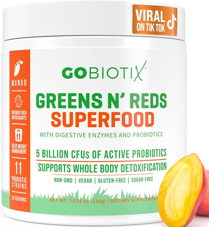 GOBIOTIX Super Greens and Reds Powder  Red and Green Superfood  Probiotic Supplement  Digestive Enzymes and Beet Root Powder  Organic Whole Foods Dietary Supplement Mango 1 Pack - Image 1