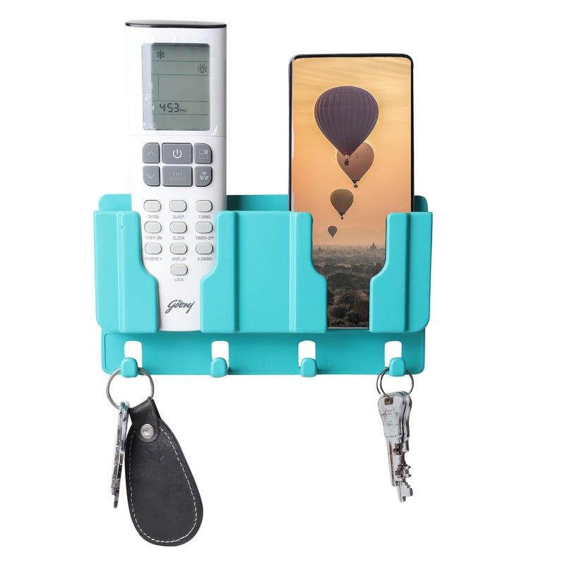 WALLVIEW TECH Plastic Wall Mount Mobile Holder with Remote Control Storage Racks, Key Hanger, Pen Holder Space/Self-Adhesive/Multi Purpose Accessories (Green) - Image 1
