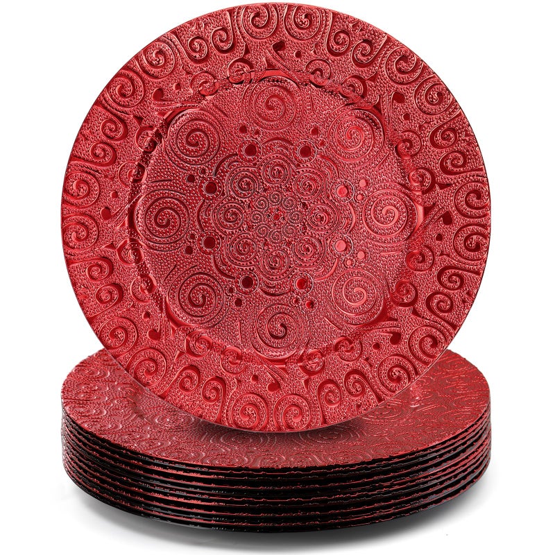 SOUJOY 12 Pack Red Charger Plates 13 Inch Dinner Plate Plastic Christmas Phoenix Pattern Elegant Serve Ware Plates for Weddings Parties Anniversary