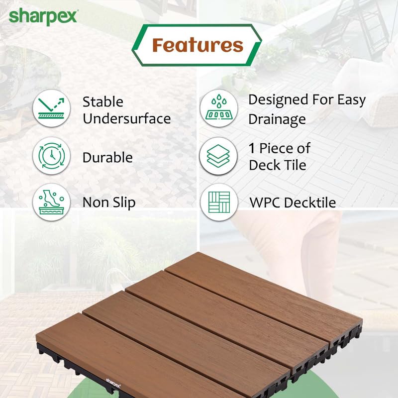 Sharpex WPC Deck Tiles with Interlocking | 1 Piece Floor Decking Water Resistant Tile for Balcony, Terrace, Garden, Poolside | Quick Flooring Solution for Indoor/Outdoor - Image 3