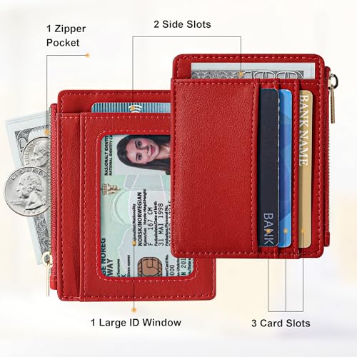 Sodsay Card Case Slim Front Pocket Wallet for Women Credit Card Holder with Keychain(Smooth Red Classic) - Image 2