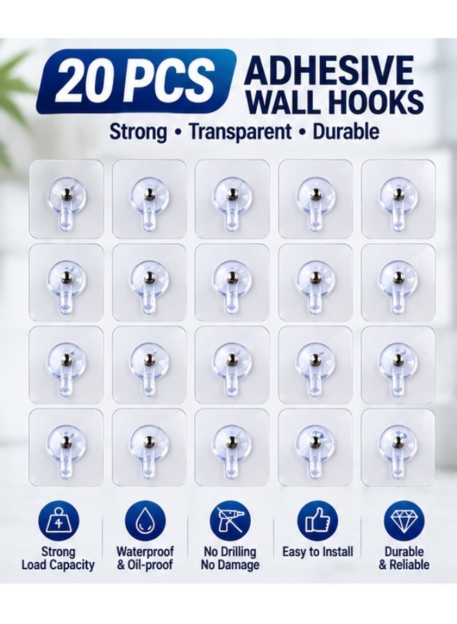 20-Piece Transparent Adhesive Wall Hooks Set – Strong Self-Stick Magic Hooks Without Drilling for Clothes, Keys & Home Organization in Kitchen, Bathroom and Bedroom - Image 1