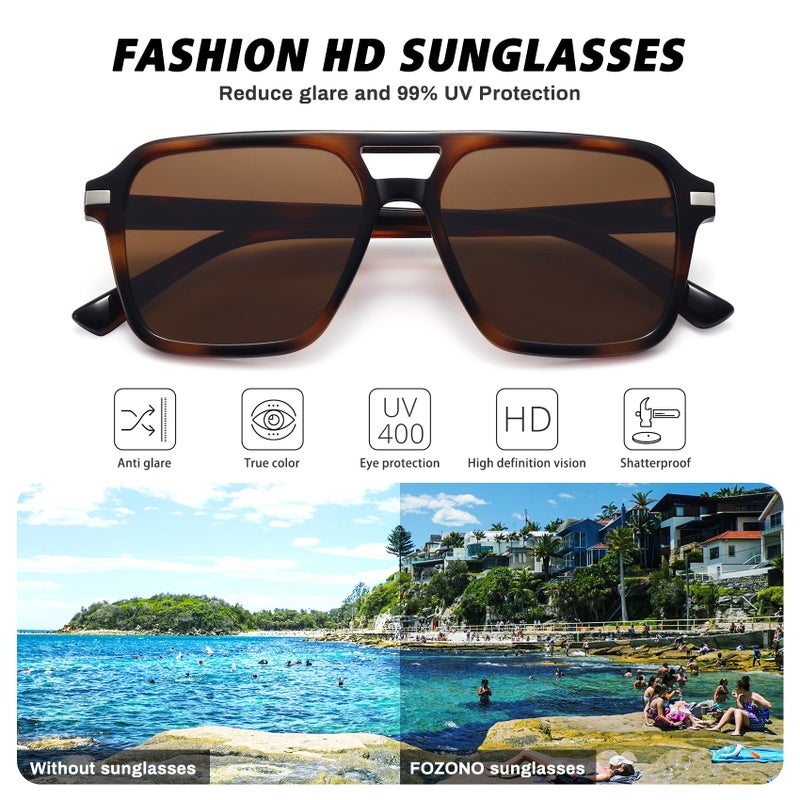 Fozono Retro Aviator Sunglasses for Women Men Trendy Classic Square 70s 80s 90s Vintage Shades Double Bridge Aviators FZN813 Tortoise/Brown - Image 3