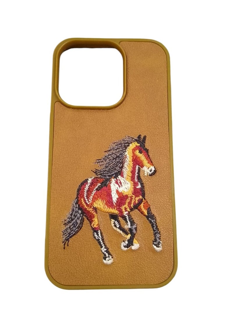 كيس جراب هاتف مضاد للصدمات بتصميم تطريز حصان لهاتف آيفون 12 برو ماكس باللون بني