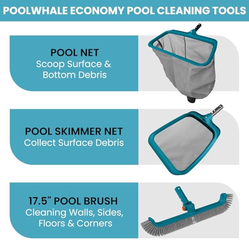 POOLWHALE Economy Swimming Pool Cleaning Kit - Fine Mesh Deep Pool Rake & Leaf Skimmer Net, Rotatable Pool Brush Head for Cleaning Above Ground & Inground Pools (No Pole) - Image 3
