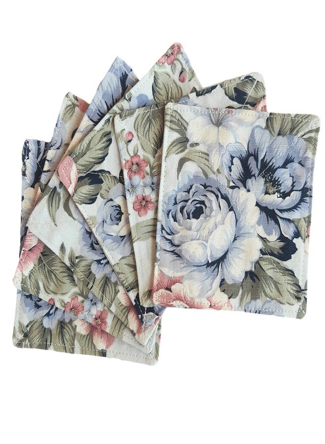 CUSHYSTORE 2 Layers Coasters Saucers Canvas Floral Botanical Fabric 4", 6 Pack - Blue Rose Garden - Image 2