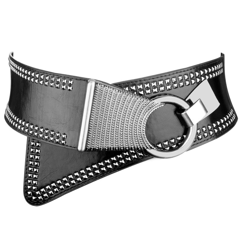 macoking Studded Wide Belts for Women Elastic Chunky Waistband for 80s Dress, Black, M - Image 1