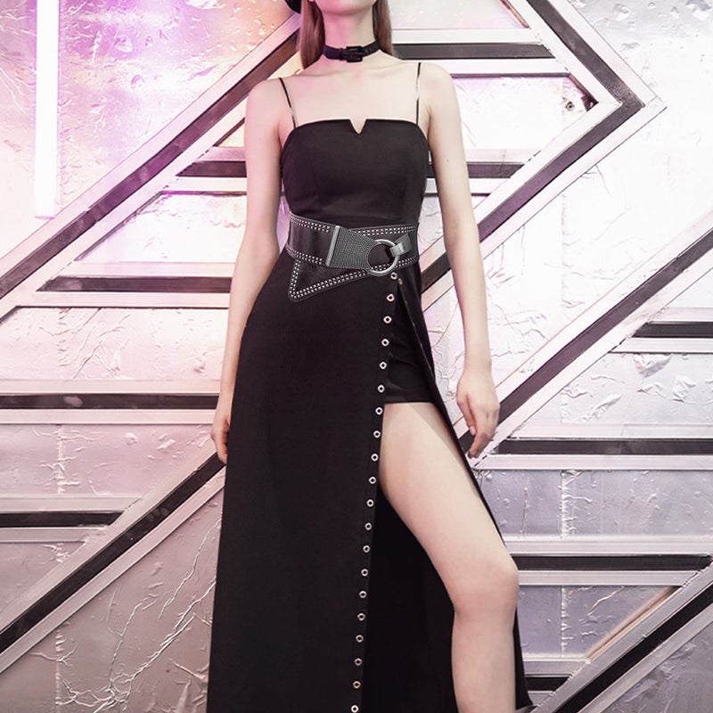 macoking Studded Wide Belts for Women Elastic Chunky Waistband for 80s Dress, Black, M - Image 2