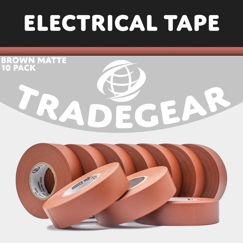 TradeGear Electrical Tape (10PK) Brown Matte – Waterproof, Flame Retardant, Strong Rubber Based Adhesive, UL Listed – Rated for Max. 600V and 80oC Use – Measures 60’ x 3/4" x 0.07" - Image 2