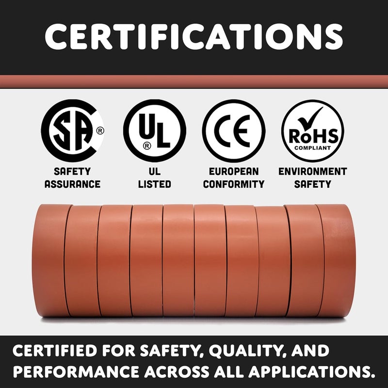 TradeGear Electrical Tape (10PK) Brown Matte – Waterproof, Flame Retardant, Strong Rubber Based Adhesive, UL Listed – Rated for Max. 600V and 80oC Use – Measures 60’ x 3/4" x 0.07" - Image 4