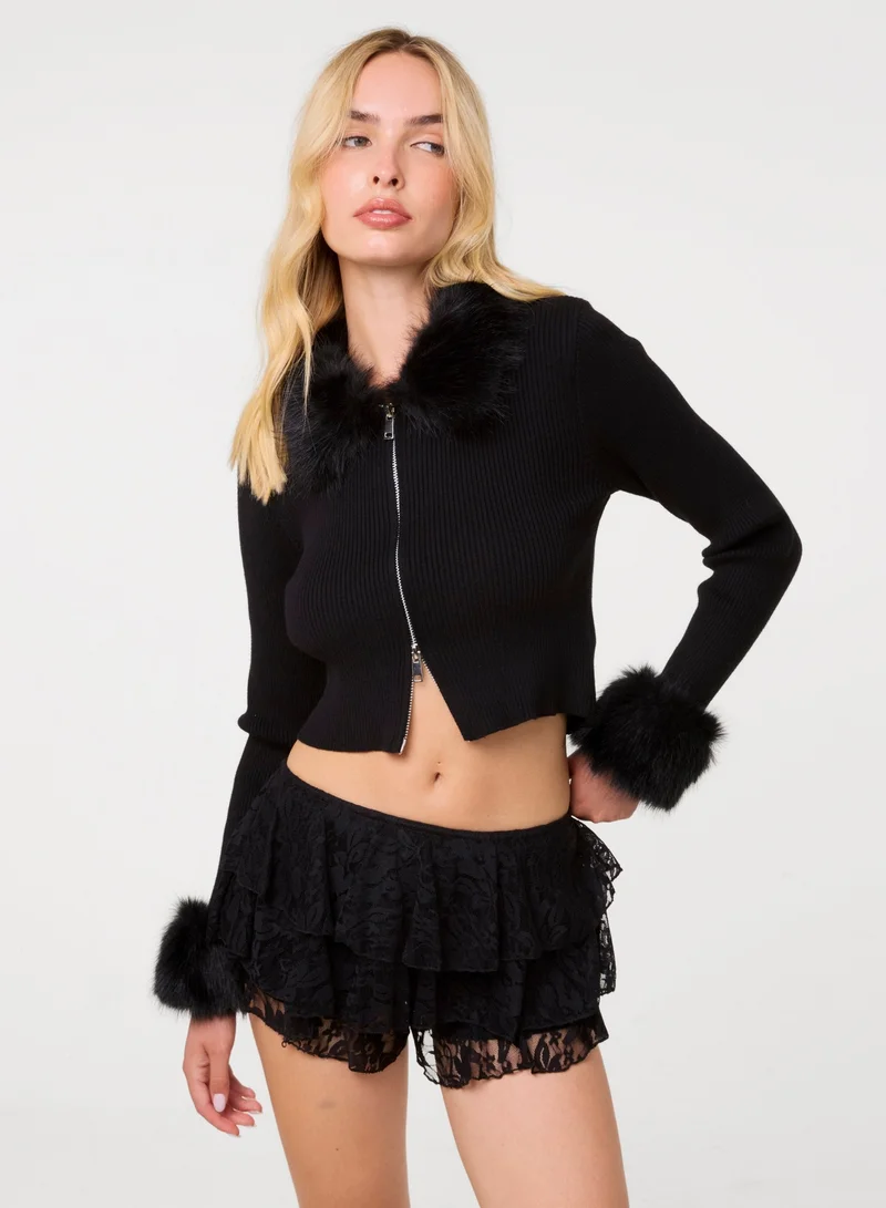 Fur Trim Zip Through Cardigan