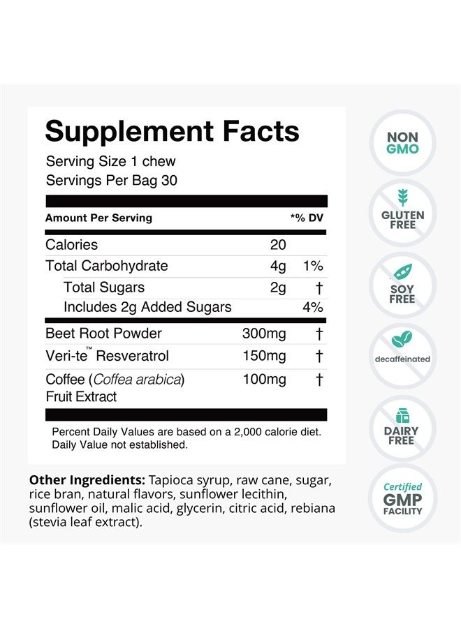 SuperBeets Brain Supplements for Memory and Focus Chews, Mental Alertness, Clinically Studied Nootropics, Resveratrol Supplement Plus Beet Root Powder, Blueberry Pomegranate Flavor, 30 Count