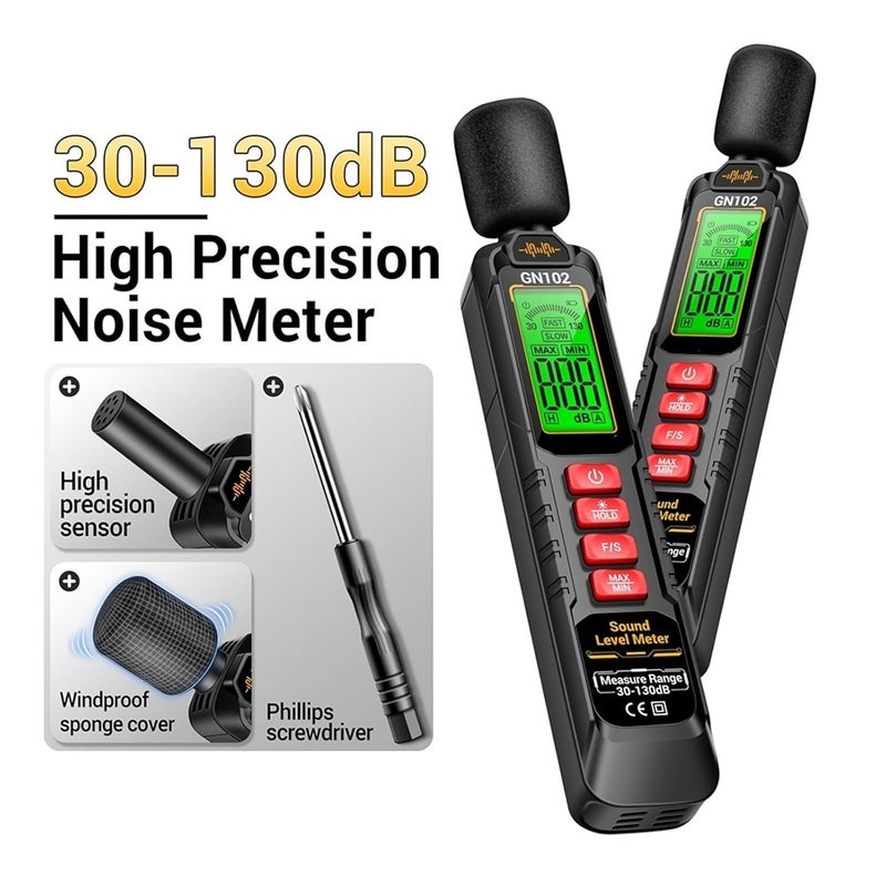 GN102 كاشف الضوضاء عالي الدقة 30-130 ديسيبل مقياس مستوى الصوت مع تثبيت البيانات غطاء مقاوم للرياح - Image 3