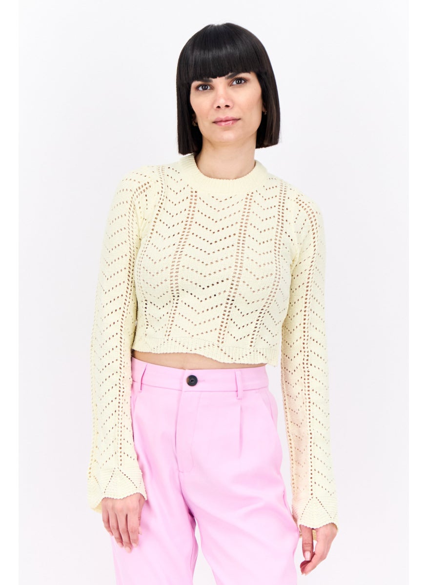Bershka Women Crew Neck Textured Sweater, Light Yellow  - Image 1