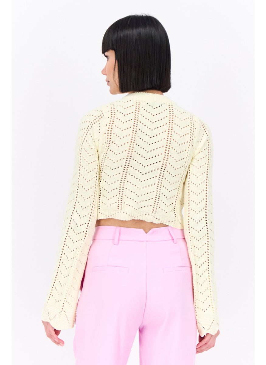 Bershka Women Crew Neck Textured Sweater, Light Yellow  - Image 3