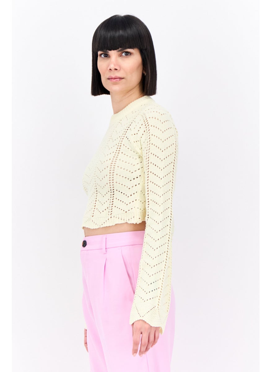 Bershka Women Crew Neck Textured Sweater, Light Yellow  - Image 2