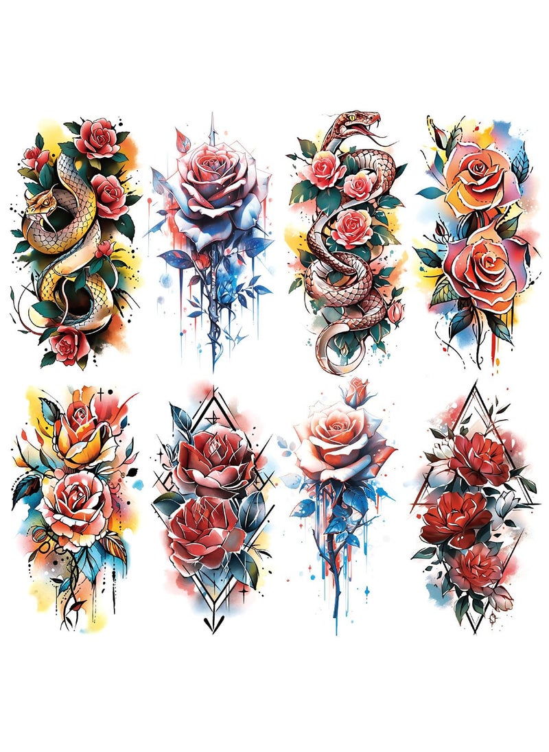 Oottati 8 Sheets Arm Waterproof Body Art Temporary Tattoos Colorful Flower Snake Red Rose Leaf 