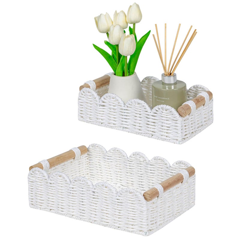 Cubesland Scalloped Edge Decor Baskets For Home  Living Room  Toilet Paper Storage Basket For Over Toilet Tank Top  Storage Shelf  Cute Small Paper Rope Baskets Both Storage&Decor  Set 2 White - Image 1