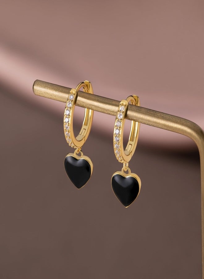 SLUYNZ Sterling Silver CZ Black Heart Hoop Earrings for Women Teen Girls Small Love Huggie Hoop Earrings Drop (B-18K GOLD) - Image 3