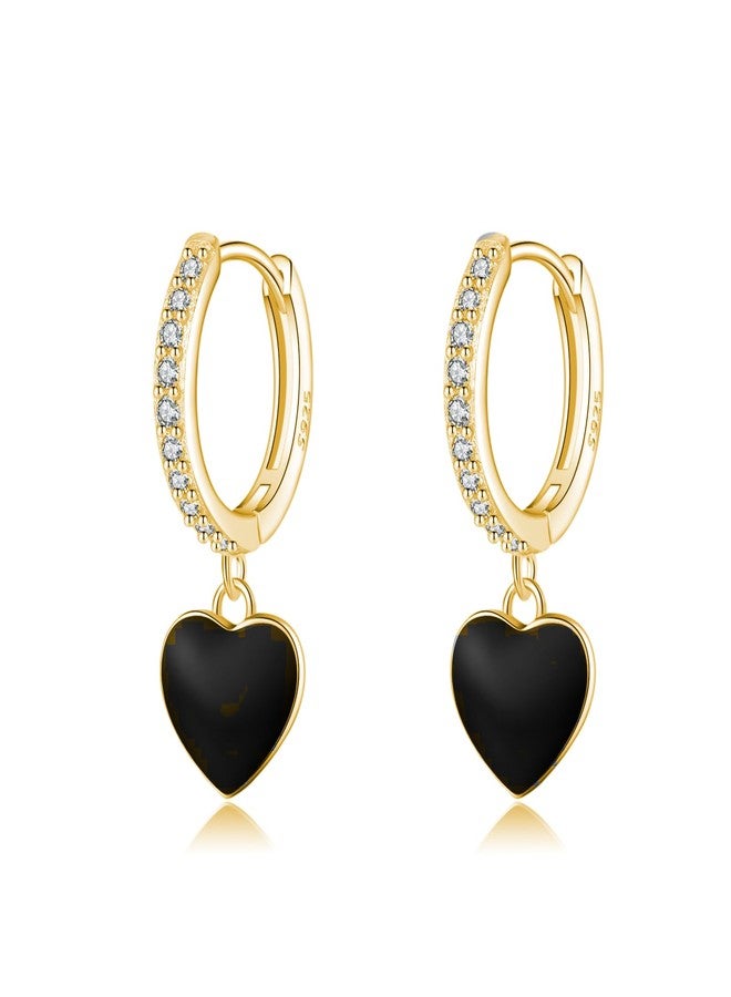 SLUYNZ Sterling Silver CZ Black Heart Hoop Earrings for Women Teen Girls Small Love Huggie Hoop Earrings Drop (B-18K GOLD) - Image 1