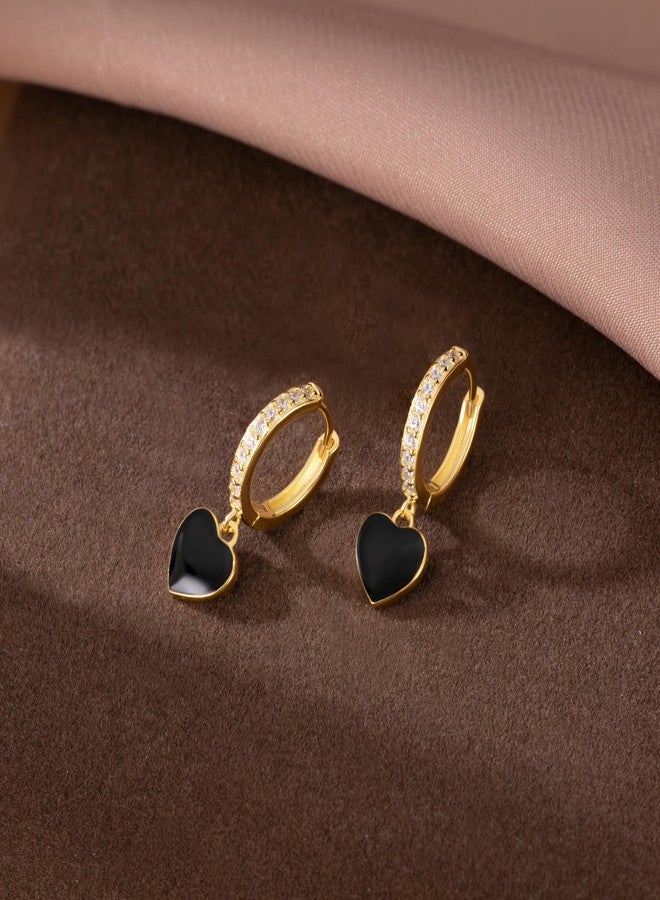 SLUYNZ Sterling Silver CZ Black Heart Hoop Earrings for Women Teen Girls Small Love Huggie Hoop Earrings Drop (B-18K GOLD) - Image 5