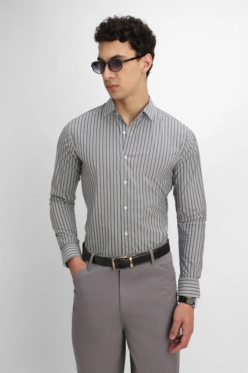 سنيتش Grey Striped Long Sleeve Slim Fit Shirt