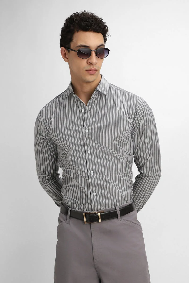 SNITCH Grey Striped Long Sleeve Slim Fit Shirt