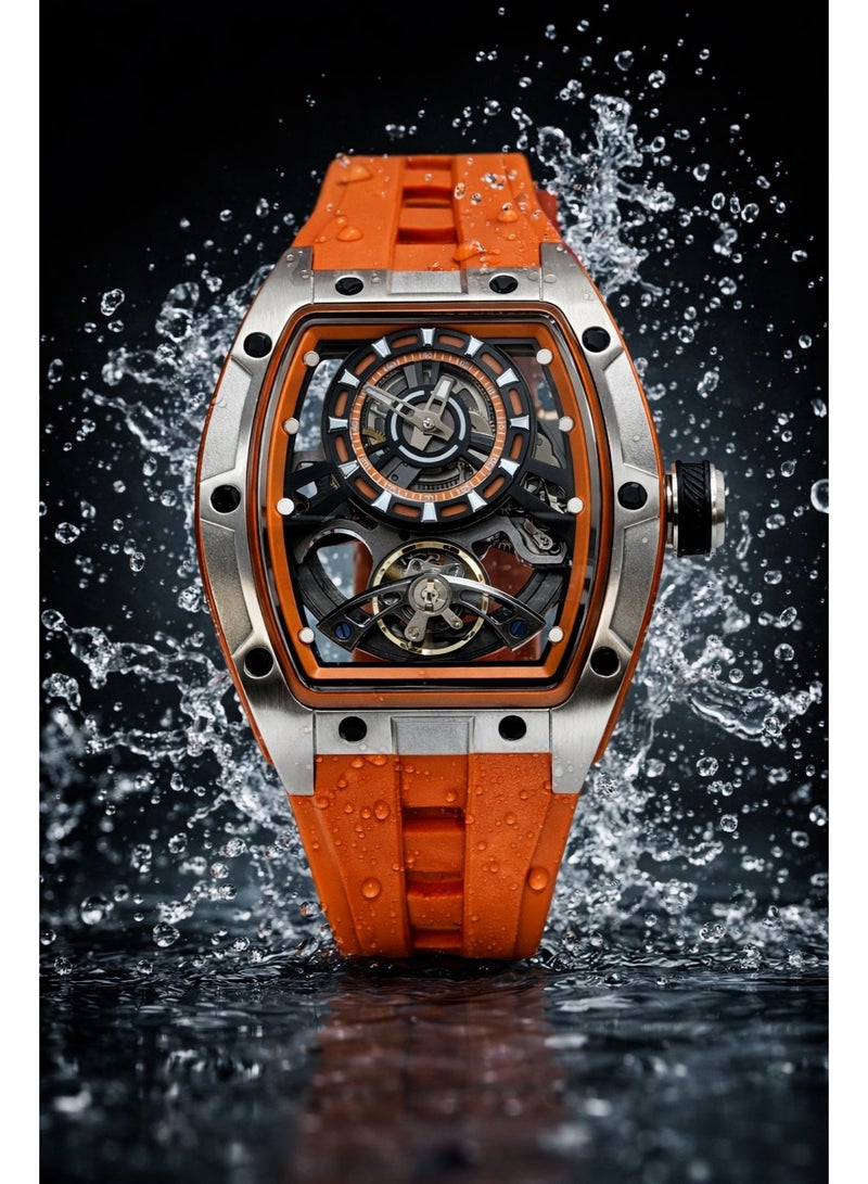 TOMRICH Phantom Skeleton Automatic Watch for Men – Luxury Tonneau Dial, Orange Silicone Strap, Stainless Steel Case, 3ATM Water Resistant - Image 3