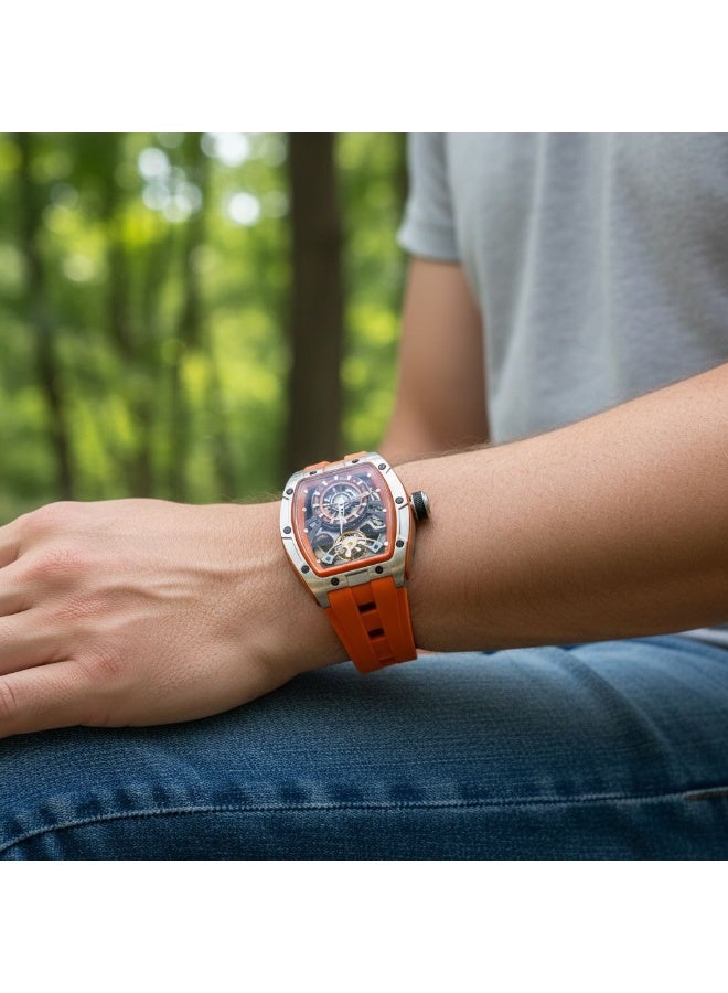 TOMRICH Phantom Skeleton Automatic Watch for Men – Luxury Tonneau Dial, Orange Silicone Strap, Stainless Steel Case, 3ATM Water Resistant - Image 5