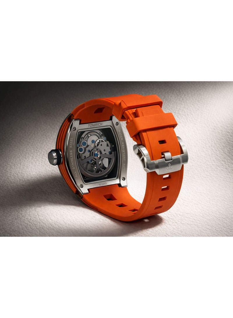 TOMRICH Phantom Skeleton Automatic Watch for Men – Luxury Tonneau Dial, Orange Silicone Strap, Stainless Steel Case, 3ATM Water Resistant - Image 2